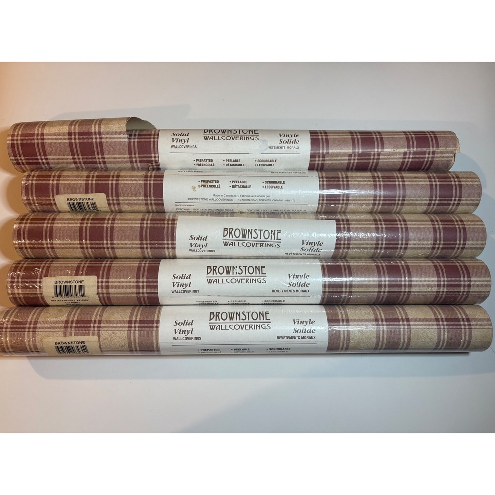 VTG Brownstone Plaid Wallpaper Roll Solid Vinyl Prepasted Burgundy Tan Cream